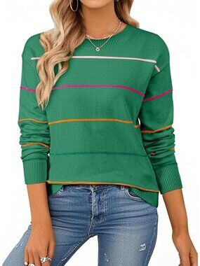 🆕 Women's Bright Green Striped Crew Neck Knit Long Sleeve Cozy Pullover Sweater